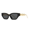 Narrow black cat-eye sunglasses with gold metal chain arms and dark grey lenses - C1 Black Black Grey