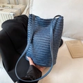 Blue hand-woven leather bucket bag with adjustable strap and large capacity design - Blue / Large 30*16*31cm