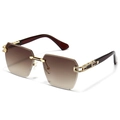 Modern rimless sunglasses with brown gradient lenses and gold metal frame on white background - Gold Frame Gradient Tea Lens
