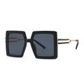 Oversized square black sunglasses with geometric hollow metal temples and dark gray lenses - Black Frame Gray Lenses