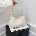 Retro cream white crescent underarm bag with gold rivets and smooth patent finish - White