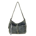 Sac à bandoulière en denim délavé rétro avec poches et accessoire de foulard en soie - Bleu Denim