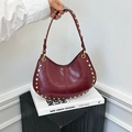 Retro burgundy hobo bag with gold rivet studs and elegant metallic hardware - Burgundy