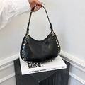 Retro black crescent hobo bag with gold rivet details and glossy wrinkled leather finish - Black