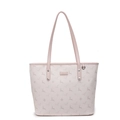 Pink and white tote bag featuring deer print pattern and premium leather handles - Pink
