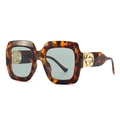 Square tortoiseshell sunglasses with oversized frames and gold metal temple accents - Leopard / Light Green