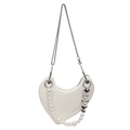 Sac à main cœur en cuir blanc crème avec chaîne en perles et accents métalliques - Blanc Cassé