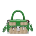 Sac boîte en paille de style français avec garniture en cuir vert et métal argenté - Vert