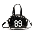 Mini glossy black patent leather bowling bag with white number 89 print and crossbody strap - 89 Print Style / Black