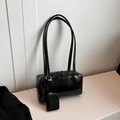Minimalist black baguette shoulder bag in glossy patent leather with small coin purse - Black