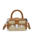Französische Stroh-Box-Tasche in Beige mit braunem Lederbesatz und Metallecken - Braun