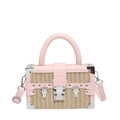 Pink leather and straw woven box bag with vintage metal buckle and crossbody strap - Light Pink