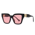 Oversized black square sunglasses with light pink lenses and decorative gold temple joints - Black Frame Pink Lens