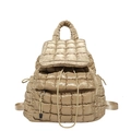 Quilted champagne gold puffer backpack with stylish drawstrings and top handle - Khaki