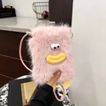 Rosa Plüsch-Umhängetasche mit Cartoon-Monster-Design und weichem Kunstfell-Finish - Rosa