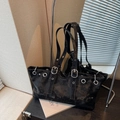 Vintage black and gold large capacity tote bag with industrial metal grommet details - Black