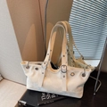 Retro cream white large tote bag with silver metal eyelets and adjustable shoulder strap - Off-white