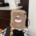 Süße braune Plüsch-Umhängetasche Monster-Design mit rosa Lippen und Augen - Dunkles Khaki