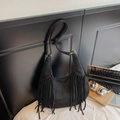 Retro black suede hobo bag with long fringes and gold metal hardware accents - Black