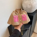 Sac bandoulière créatif en forme de veste en cuir marron avec détails roses - Khaki Foncé
