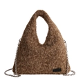 Brown fuzzy plush handbag with silver chain strap and minimalist trapezoidal shape - Khaki / Large (29*2*18cm)