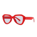 Modern hexagonal red frame sunglasses with light blue lenses and silver rivets detail - Red Frame Grey Lens