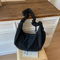 Black matte crescent bag with ruched strap and drawstring detail in vintage style - Black