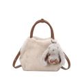Süße cremeweiße Plüschhandtasche mit braunen Ledergriffen und grauem Hasenanhänger - Einzelne Tasche + Anhänger / Aprikose