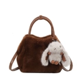 Brown faux fur plush handbag with cute long-eared rabbit charm and brown leather straps - Brown