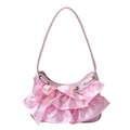 Bolso hobo de satén rosa con elegantes volantes dobles y decoración de lazo de seda - Rosa