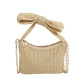 Beige Stroh-Umhängetasche mit großer Schleife am Griff und goldener Kette - Khaki