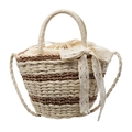Sac seau en paille tressée à rayures avec nœud en dentelle et bandoulière réglable - Blanc Cassé