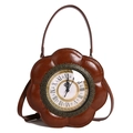 Vintage brown flower-shaped handbag with clock dial detail and leather crossbody strap - Brown