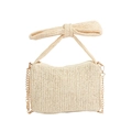 Beige Strohtasche in Quadratform mit großer dekorativer Schleife und goldener Kette - Weiß