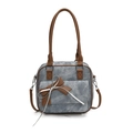 Borsa sottobraccio in denim grigio-blu retrò con finiture in pelle marrone e fiocco - Blu Denim