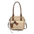 Beige faux leather underarm bag with vintage brown bow and silver metallic knot accent - Beige
