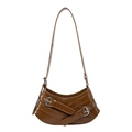Chic brown crescent leather underarm bag with silver buckles and retro biker style finish - Brown