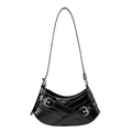 Glossy black crescent shoulder bag with twin silver buckle straps and punk aesthetic - Black