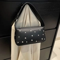 Vintage black leather motorcycle bag with silver rivets and wide strap detail - Black