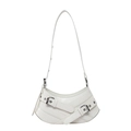 Chic white crescent shoulder bag with dual buckle straps and adjustable leather strap - White