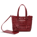 Hollow-out geometric dark red tote bag set with matching zip pouch and cat charm - Red