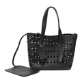 Black geometric cutout tote bag with matching coin purse and long shoulder straps - Black