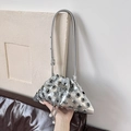 Silver metallic pleated bucket bag with metal eyelets and pearl chain drawstring - Silver