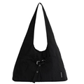 Black canvas shoulder bag with large capacity, decorative buckles and front pockets - Black
