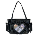 Black ita bag tote with heart-shaped clear window and ruffle edges for anime pins - Black
