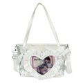 White satin heart-shaped ita bag with ruffled edges and clear window display - White