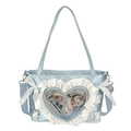 Light blue satin ita bag with heart-shaped clear window and white ribbon bows - Blue