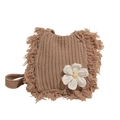 Handmade brown knit crossbody bag with white crochet flower and fringe detail - Khaki