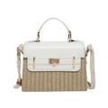 Straw box bag with white leather flap and rustic woven rope shoulder strap for summer - White