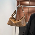 Brown patent leather crescent shoulder bag with silver rivet straps in vintage style - Brown